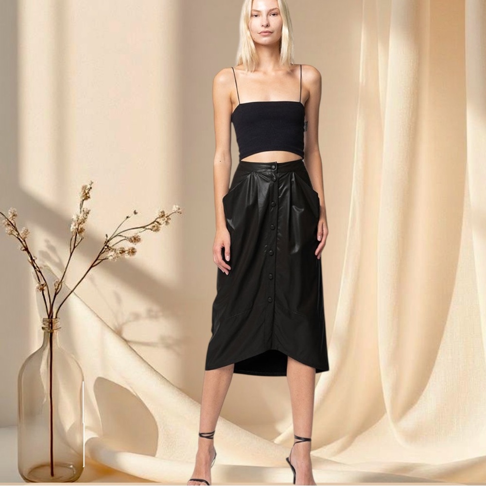 Black Leather Midi Skirt Chic Edgy Button Front